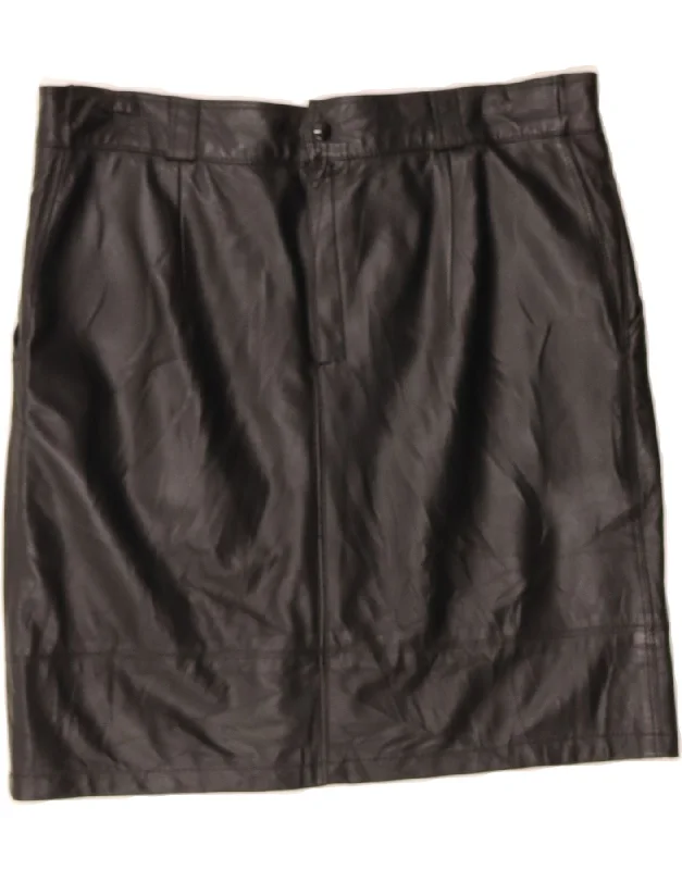 VINTAGE Womens Leather Skirt W34 Large Black satin skirt smooth