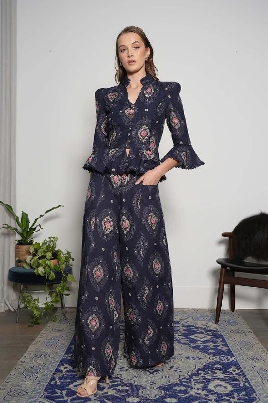 Printed multi blazer with wide pants Stylish Paperbag Waist Pants