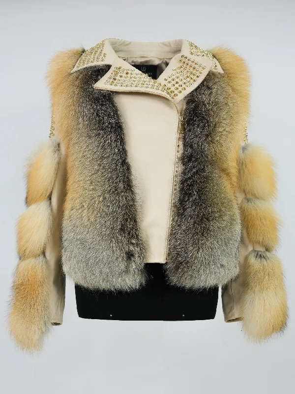 Kashani Ladies Golden Island Fox Fur Studded Biker Jacket Appliqued Jacket Beaded Jacket Sequined Jacket