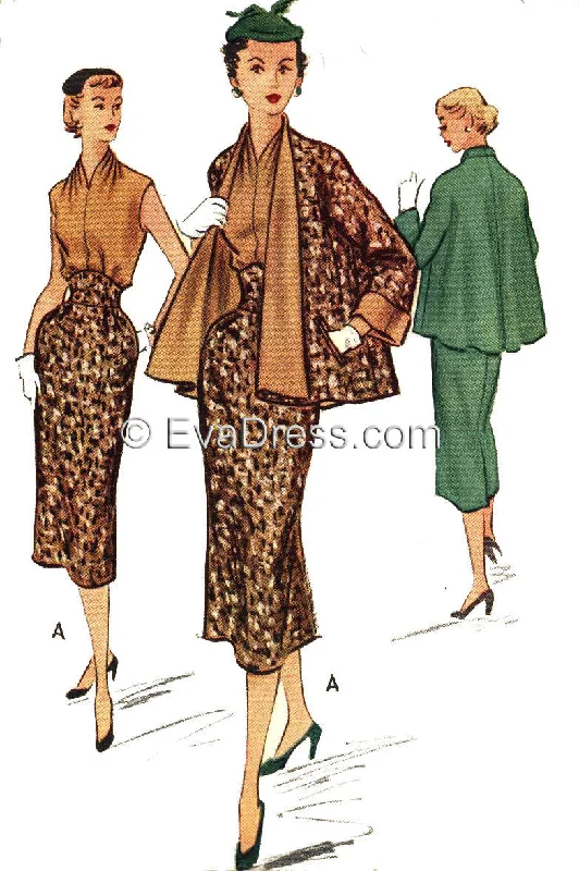 1952 Halter, Skirt & Jacket SE50-9113 Boat Neck Shawl Collar Notched Collar