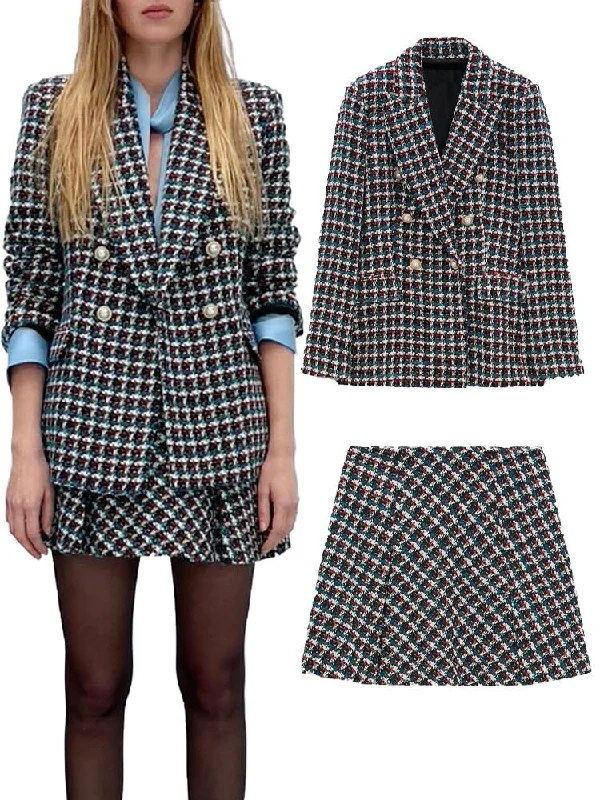 ZA winter female European and American style high-quality double-breasted all-match casual suit jacket high waist mini skirt Satin Jacket Silk Jacket Chiffon Jacket