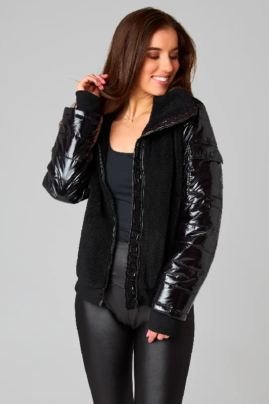 Brody Sherpa Jacket with Patent Sleeves -Black Nylon Jacket Polyester Jacket Spandex Jacket