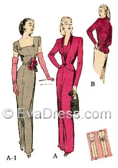 E-PATTERN 1944 Dinner Dress & Jacket, E3162 Front Pockets Side Pockets Patch Pockets
