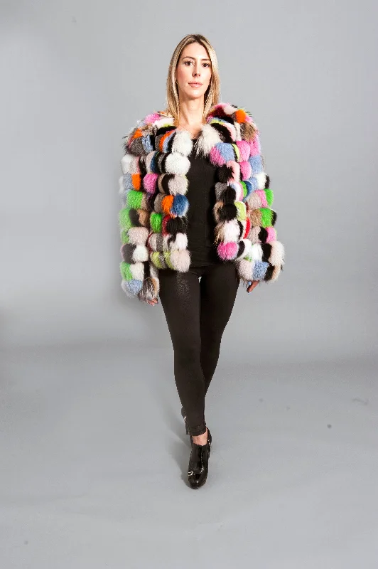 Rainbow Fox Fur Jacket Front Pockets Side Pockets Patch Pockets