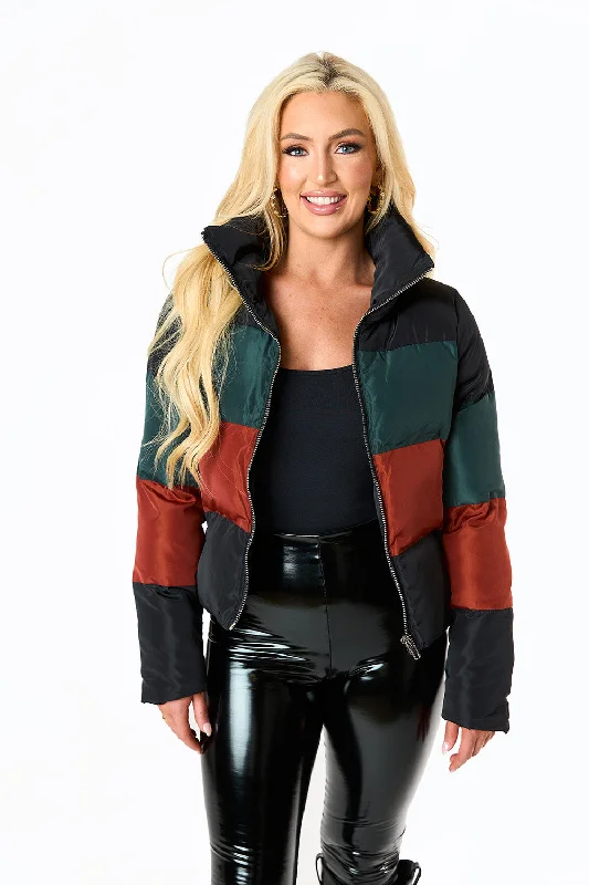 Addison Striped Puffer Jacket - Woodland Satin Jacket Silk Jacket Chiffon Jacket