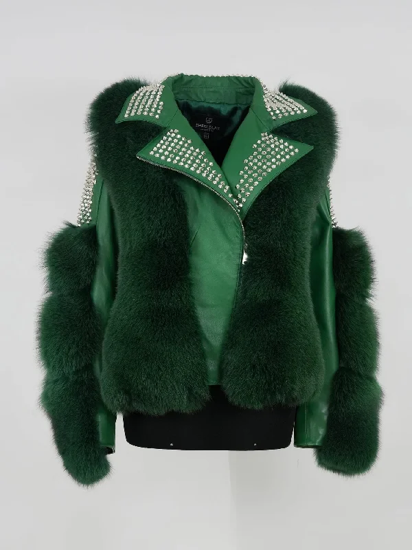 Kashani Ladies Studded Money Green Fox Fur Biker Jacket Jersey Jacket Tulle Jacket Batik Jacket