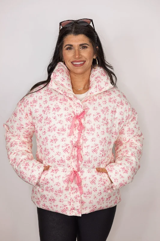 Dainty Pink Floral Puffer Jacket Chenille Fabric Brocade Fabric Lace Fabric