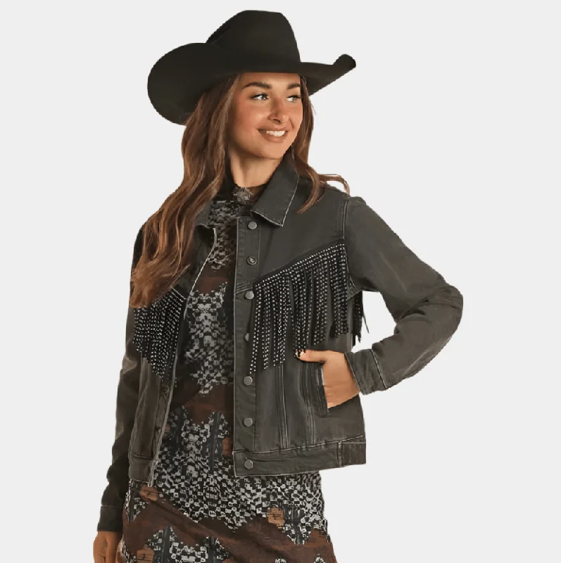 Rock and Roll Denim Black Fringe Jacket Zippered Front Buttoned Front Snap Front