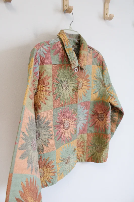 Coldwater Creek Colorful Sunflower Jacket | L Denim Fabric Leather Fabric Suede Fabric