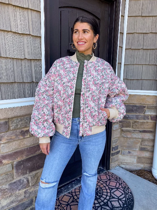 Quilted Florals Cream Puffer Jacket Hooded Jacket Caped Jacket Shawl Collar Jacket