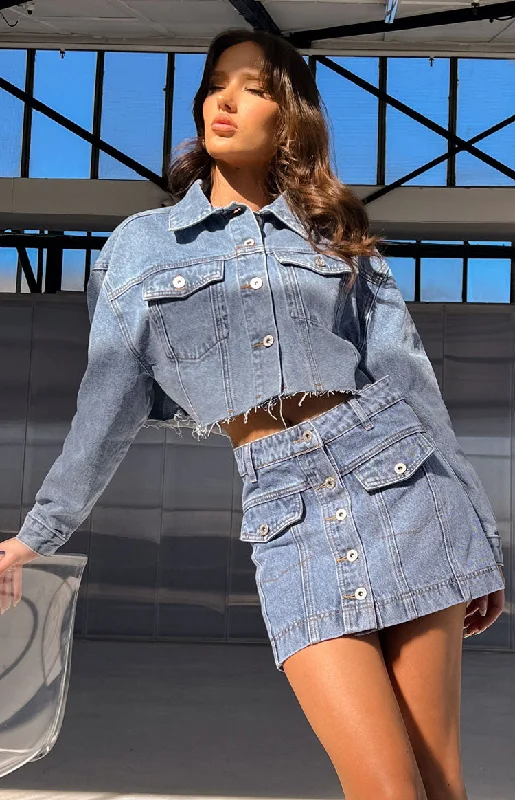 Helena Mid Wash Denim Cropped Jacket Plaid Jacket Tartan Jacket Houndstooth Jacket