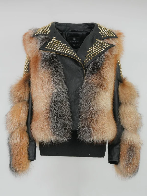 Kashani Ladies OTOBAN Natural Fox Fur Studded Biker Jacket Striped Jacket Polka Dot Jacket Floral Jacket