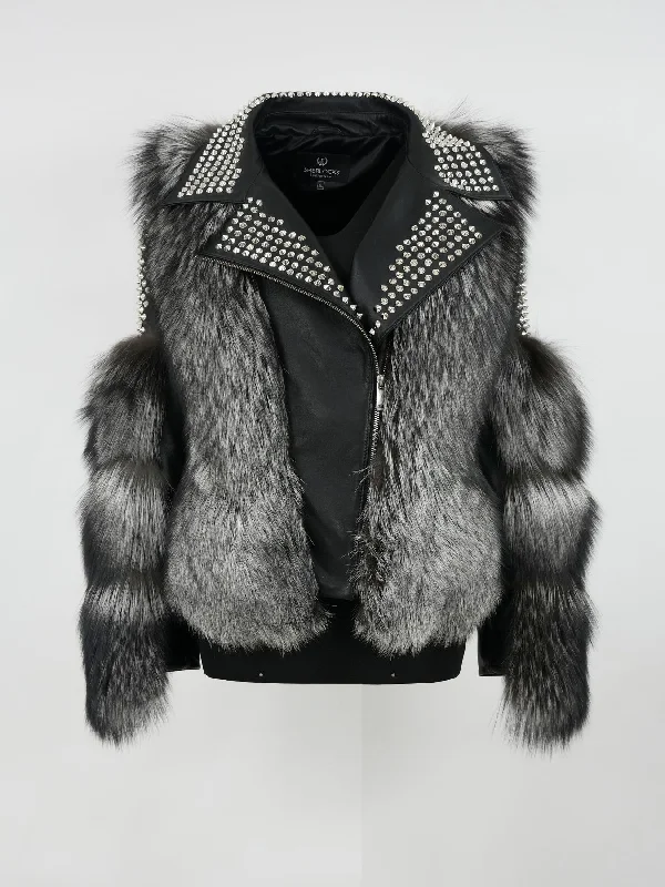Kashani Ladies Silver Fox Fur Studded Biker Jacket Print Jacket Jacquard Jacket Embroidered Jacket