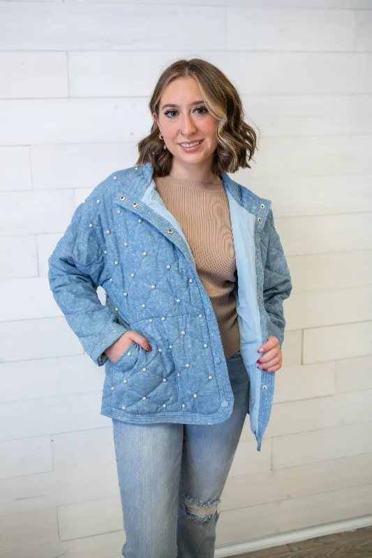 J.nna Quilted Pearl Beaded Jacket-Uranian Blue One-Shoulder Jacket Off-the-Shoulder Jacket Asymmetrical Jacket