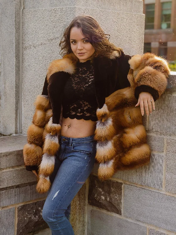 Red Fox Jacket With Beaver Satin Jacket Silk Jacket Chiffon Jacket