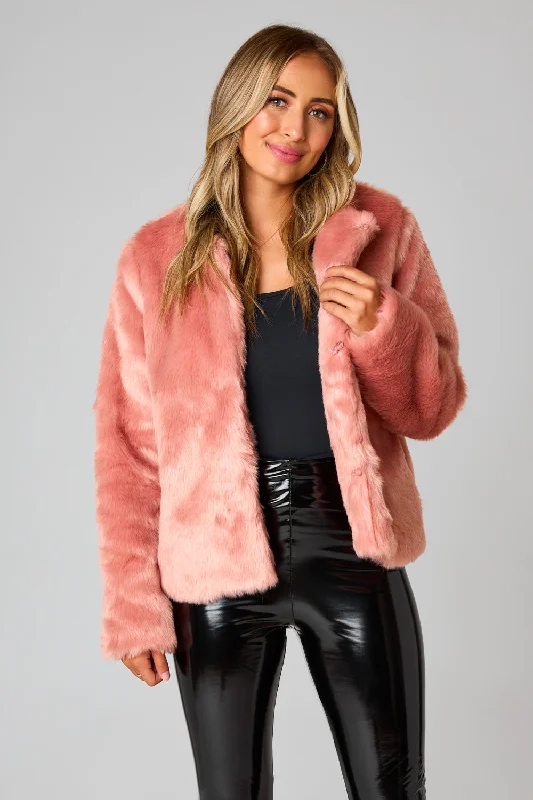 Baddie Faux Fur Jacket - Champagne A-Line Jacket Boat Neck Shawl Collar
