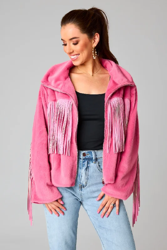 Skylar Fringe Faux Fur Jacket - Hot Pink Zippered Front Buttoned Front Snap Front
