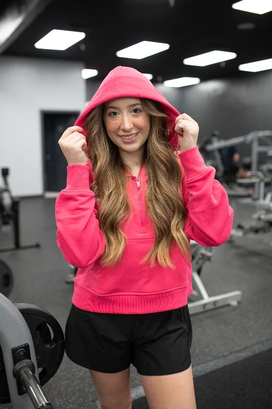 Flamingo Pink French Terry Cropped Hoodie Jacket Front Pockets Side Pockets Patch Pockets