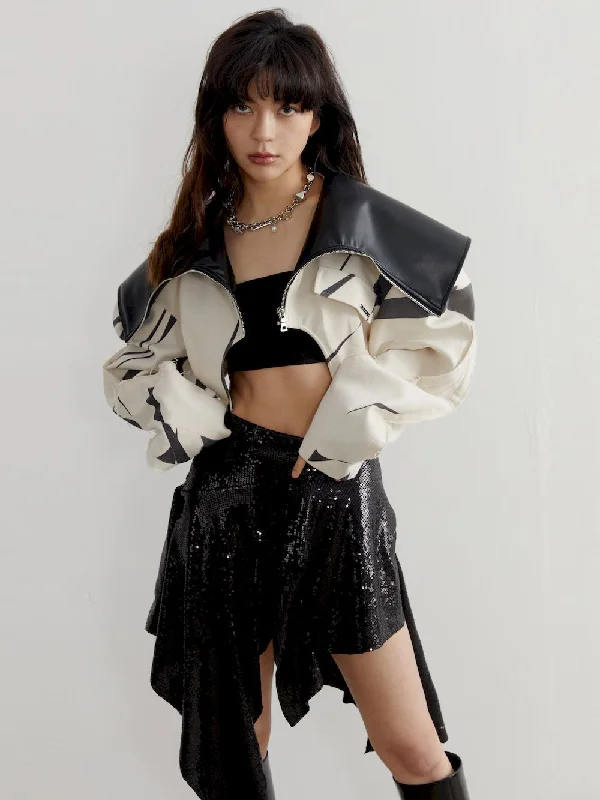 Monotone Big-Collar Leather Short Jacket Notch Collar Jacket Peter Pan Collar Jacket Cowl Neck Jacket