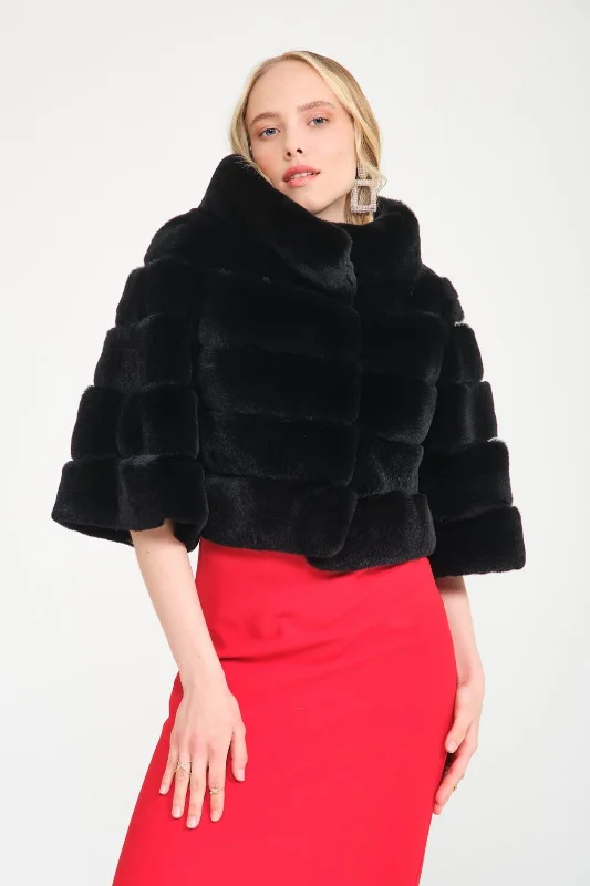 Black Rex Fur Jacket Front Pockets Side Pockets Patch Pockets