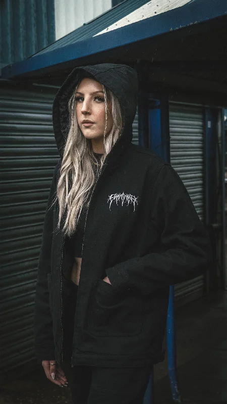 Metal Logo Hooded Canvas Jacket Black Front Pockets Side Pockets Patch Pockets