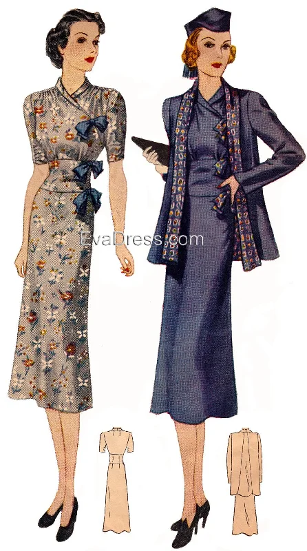 E-PATTERN 1938 Dress & Reversible Jacket E2653 A-Line Jacket Boat Neck Shawl Collar