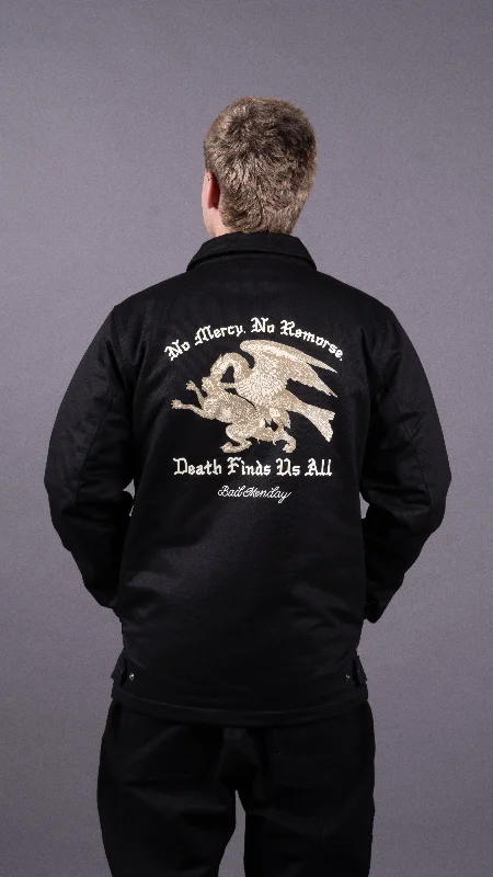 Death Finds Us All Service Jacket Black Snapped Jacket Toggled Jacket Drawstring Jacket
