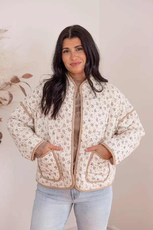 Winter Florals Cream Quilted Jacket Front Pockets Side Pockets Patch Pockets