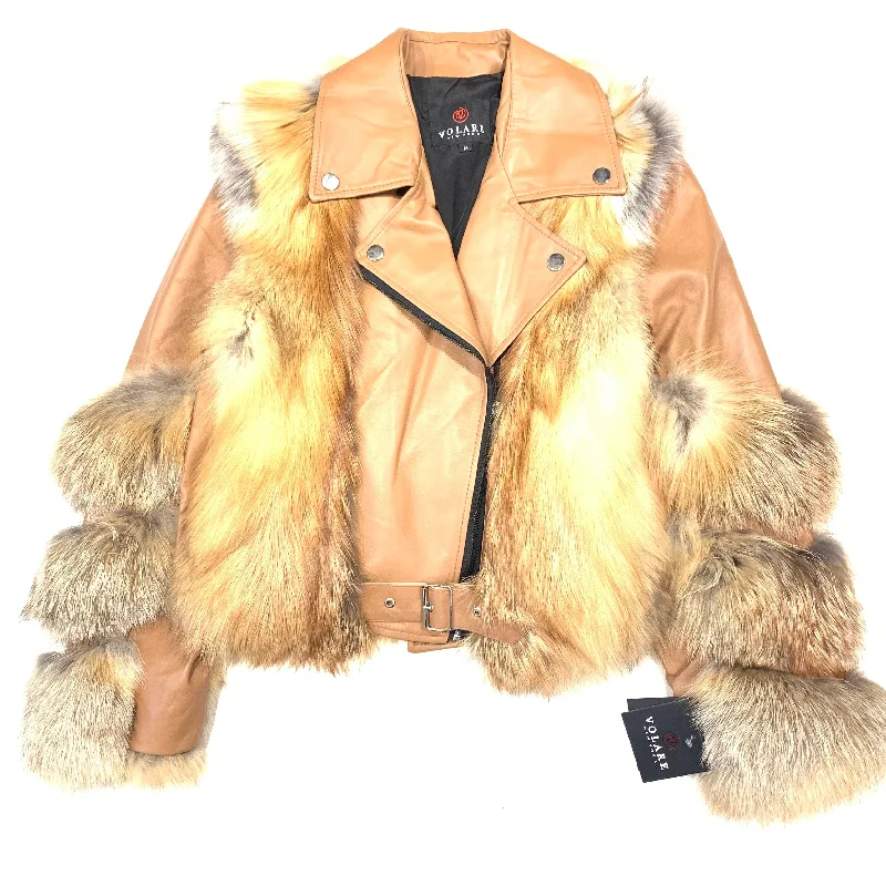 Volare Cognac Fox Fur Biker Jacket Denim Jacket Leather Jacket Suede Jacket