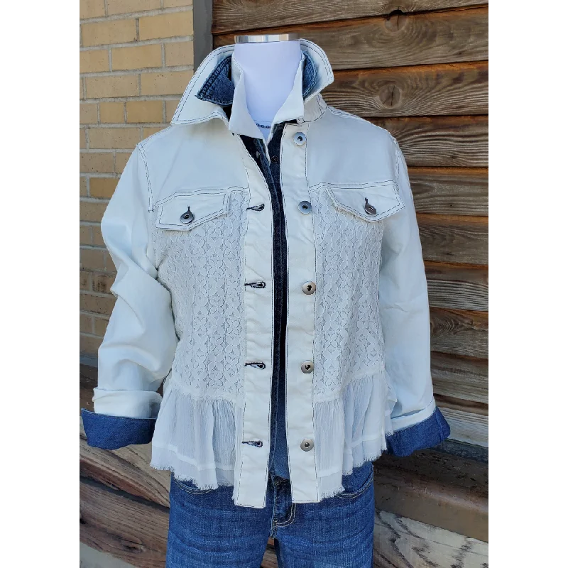 White Jacket with Ruffles & Lace Tailored Jacket Straight Jacket A-Line Jacket