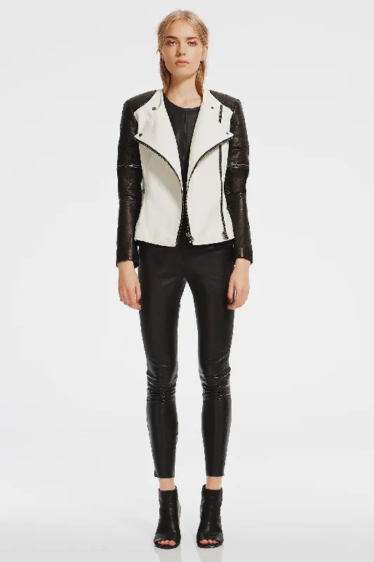 Greenwich St Motor Jacket in Chalk White Wool & Black Leather Stand-Up Collar Roll-Neck Collar Turtle Neck