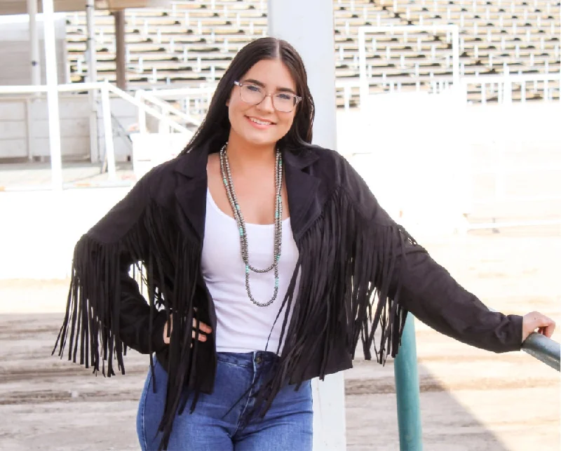 Jessie Black Fringe Jacket Elasticated Jacket Padded Jacket Insulated Jacket