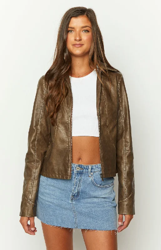 Street Style Brown PU Jacket Striped Jacket Polka Dot Jacket Floral Jacket