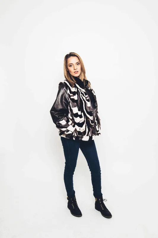 Mink Multi-tones Patchwork Jacket With Leather Sleeves Herringbone Jacket Houndstooth Jacket Plaid Jacket