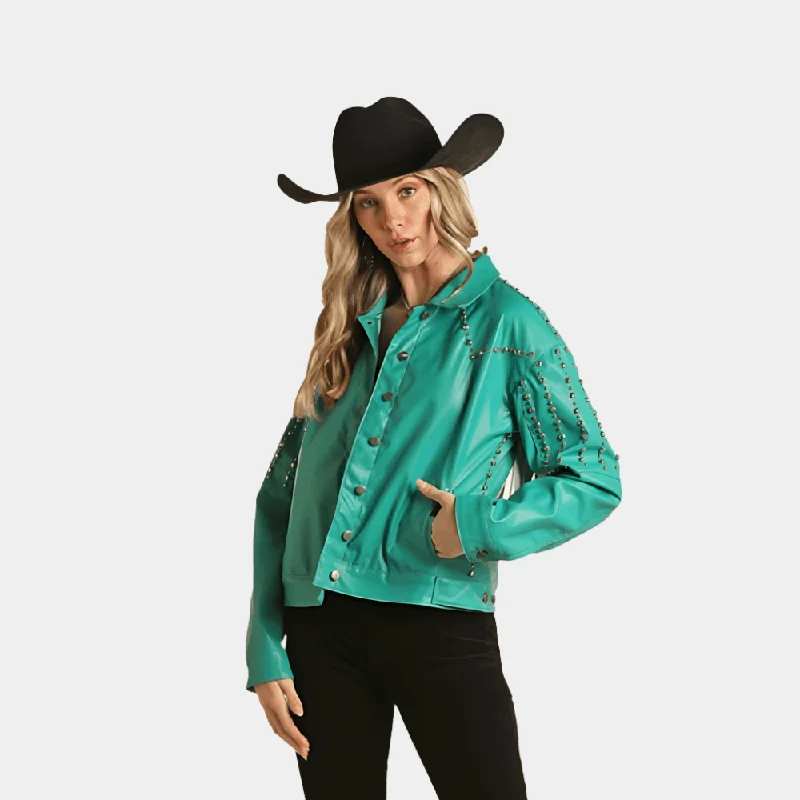 Rock and Roll Denim Studs Fringe Jacket Front Pockets Side Pockets Patch Pockets