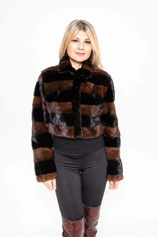 76 | Two-Tone Dark Brown Mink Fur Crop Jacket Oversized Jacket Tailored Jacket Straight Jacket