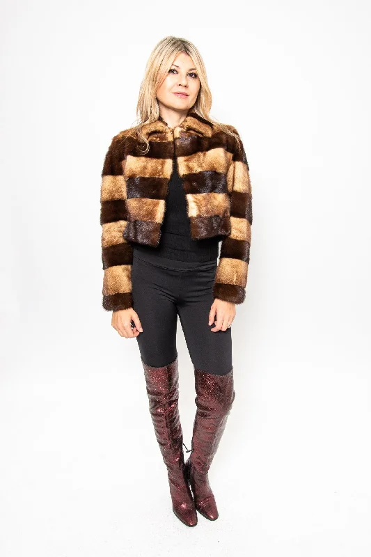 77 | Two-Tones Mink Cropped Jacket A-Line Jacket Boat Neck Shawl Collar