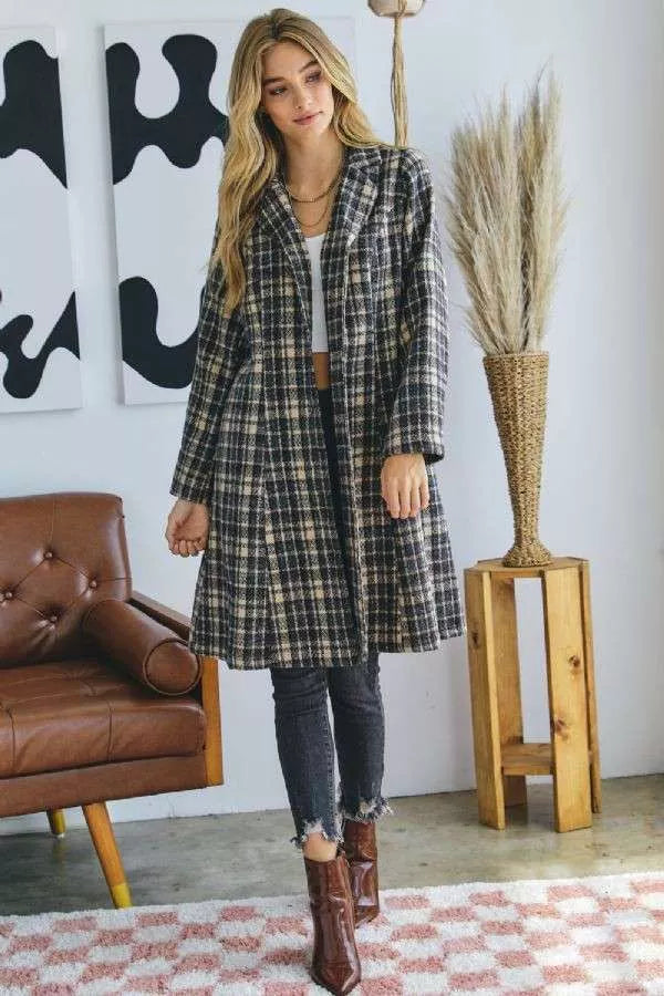 Tweed Button Down Double Collar Jacket - Coat Toggled Jacket Drawstring Jacket Belted Jacket