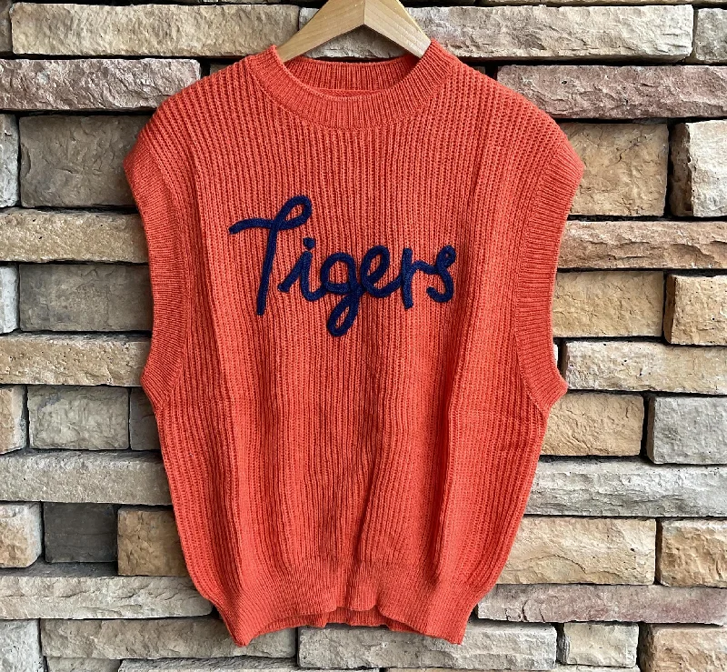 Cloud Ten "Tigers" Womens Embroidered Sleeveless Sweater Top (Clemson Tennessee) Houndstooth Herringbone Solid