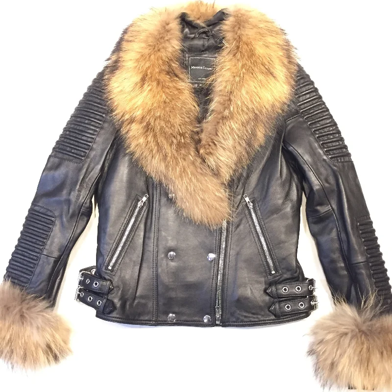 Mason & Cooper Ladies Black Lambskin/Fox Fur Biker Jacket Hooded Jacket Caped Jacket Shawl Collar Jacket