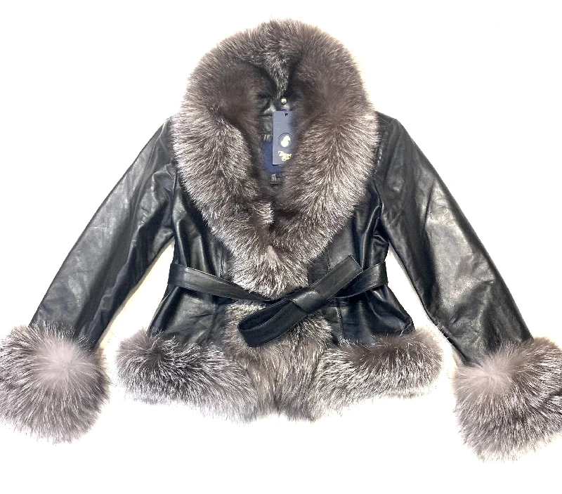 Barya NewYork Ladies Oversize Fox Collar Black Lambskin Jacket Satin Jacket Silk Jacket Chiffon Jacket