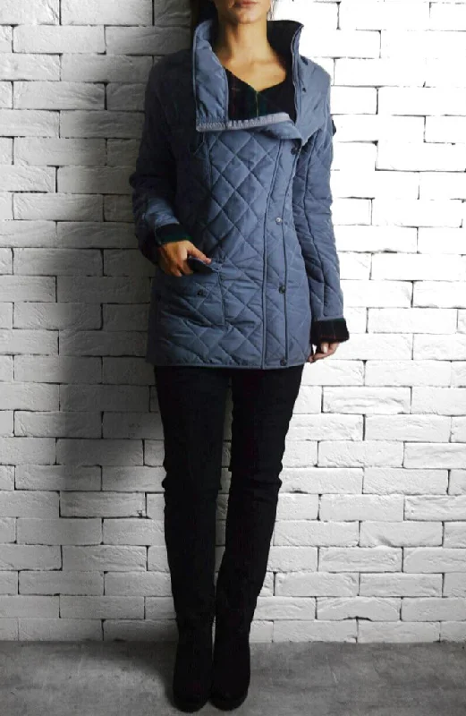 Quilted Jacket - Blue/Grey Trench Coat Raincoat Waterproof Jacket