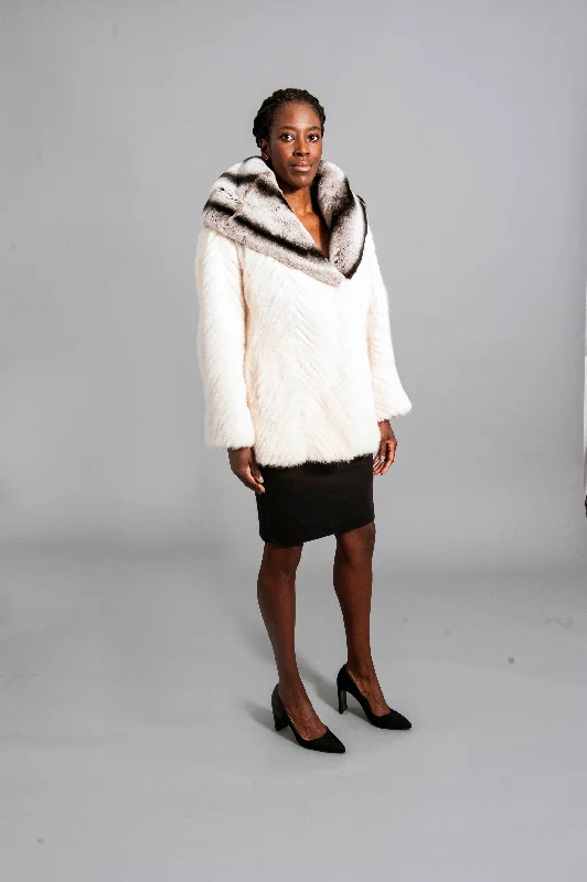 White Mink Jacket with Rabbit Collar Hood Welt Pockets Slit Pockets Flap Pockets