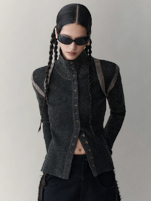 Elegant Bi-Color Knit Jacket With High-Neck And Slim Fit Wool Jacket Cashmere Jacket Tweed Jacket
