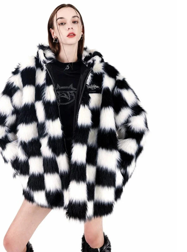 PINKSPINK Checkered Faux Fur Jacket - Black and White Tiered Jacket Buttoned Jacket Zippered Jacket