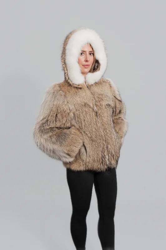 Coyote Jacket with Fox Trim Hood BY ORDER ONLY Boat Neck Shawl Collar Notched Collar