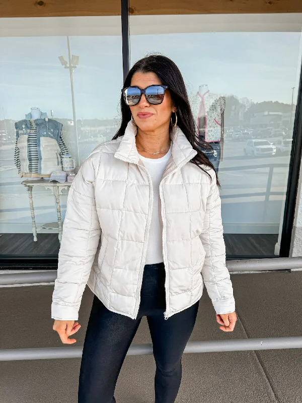 Winter Joy Ecru Puffer Jacket Hoodie Zip-Up Jacket Button-Up Jacket