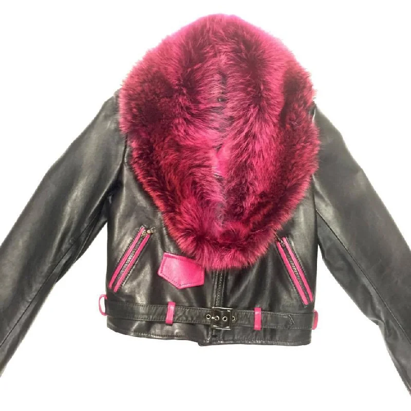 G-Gator Ladies Black & Pink Fox Collar Lambskin Biker Jacket Zippered Jacket Buttoned Jacket Snapped Jacket