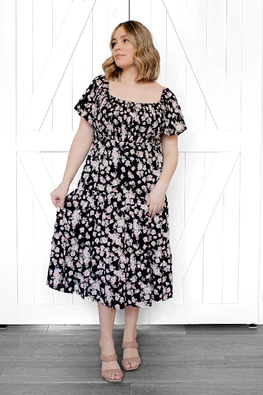 Adella Smocked Floral Midi Dress in Black