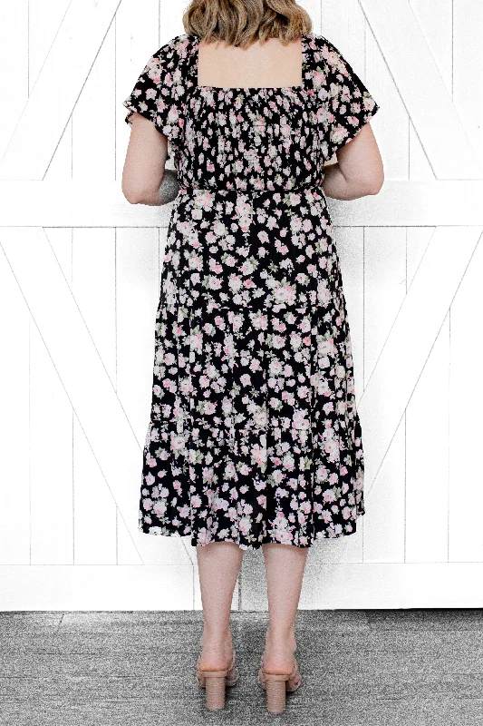 Adella Smocked Floral Midi Dress in Black